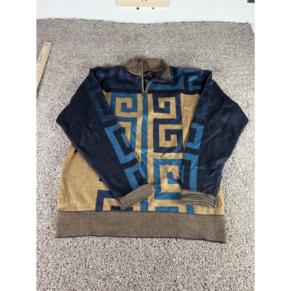 Royal Prestige Mens Quarter Zip Sweater Greek Key‎ Geometric Blue Tan Large
